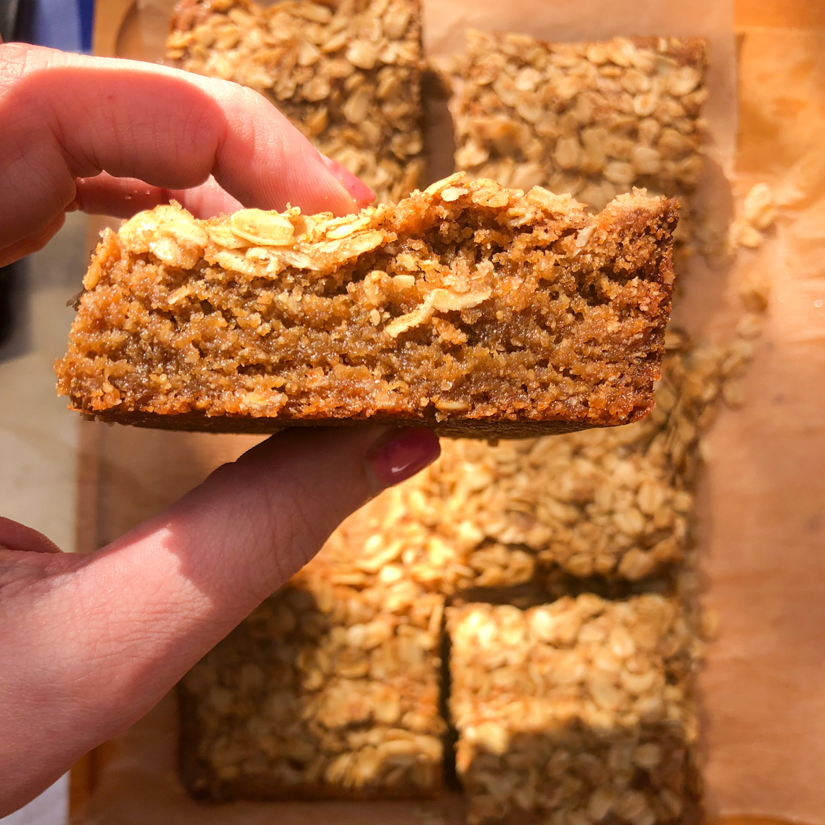Fudgy oat blondies with cinnamon oat topping sliced into squares