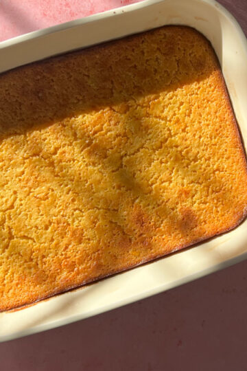 Honey miso corn pudding baked until fluffy with visible corn kernels