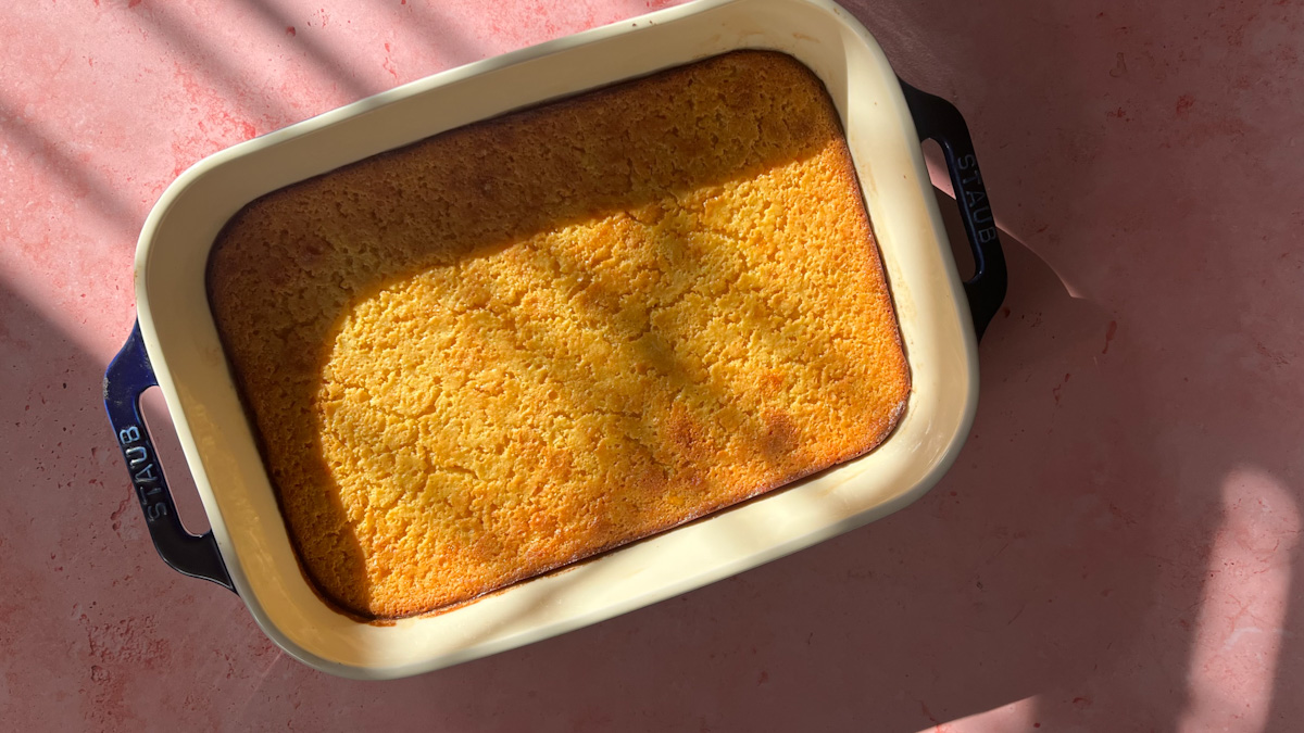 Honey miso corn pudding baked until fluffy with visible corn kernels