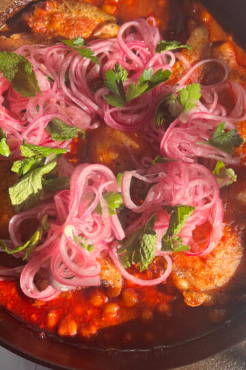Skillet Harissa Chicken with Saucy Chickpeas