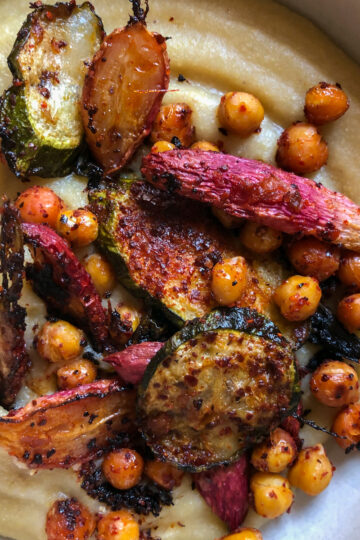 Sriracha-Roasted Vegetables & Chickpeas with Miso Polenta