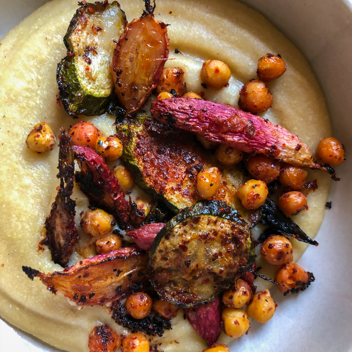 Sriracha-Roasted Vegetables & Chickpeas with Miso Polenta