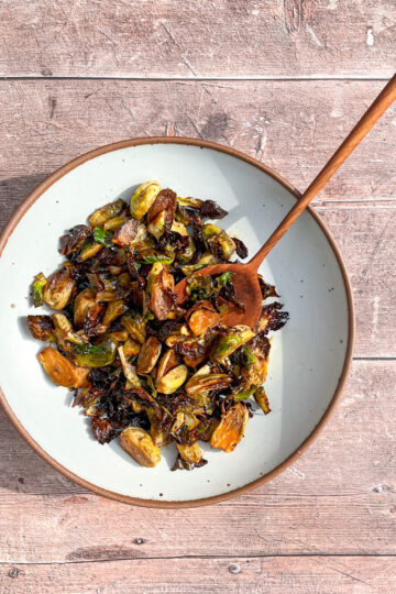 Air fried Brussels sprouts on a serving platter
