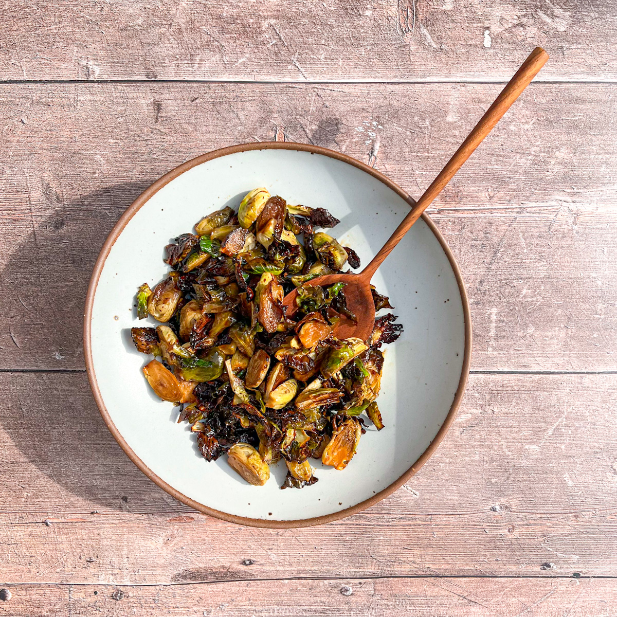 Air fried Brussels sprouts on a serving platter