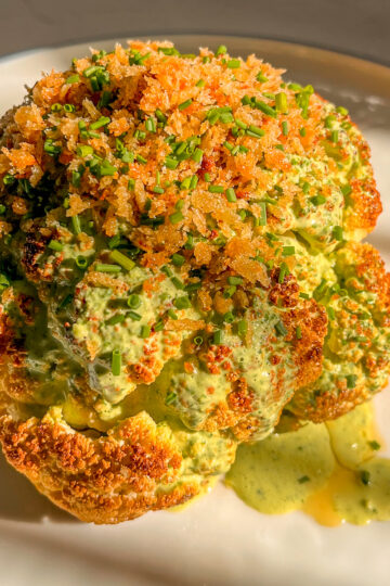 Whole Roasted Cauliflower with Green Goddess & Garlic Breadcrumbs