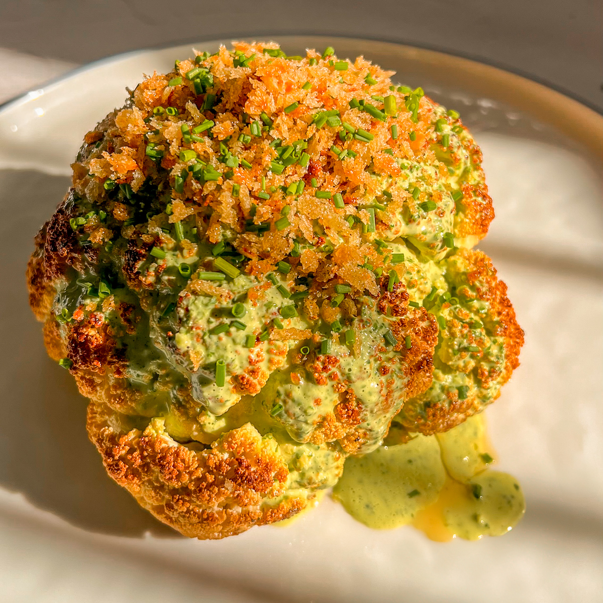 Whole Roasted Cauliflower with Green Goddess & Garlic Breadcrumbs