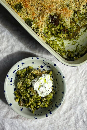 Green miso white bean gratin with mushrooms and crispy breadcrumb topping